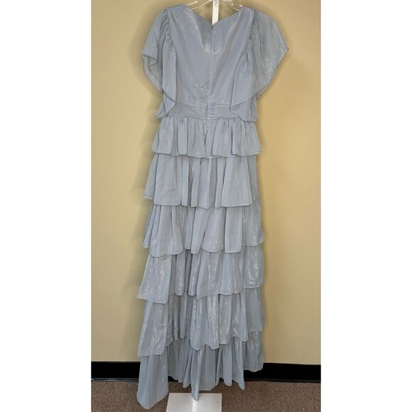 Mac Duggal NWT Flutter Sleeve Ruffle Tiered Gown in Slate Blue Size 8 - Picture 5 of 8